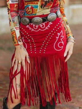 NWT Red Stretch Suede Boot Stitch Embroidered Studded Skirt With Fringe